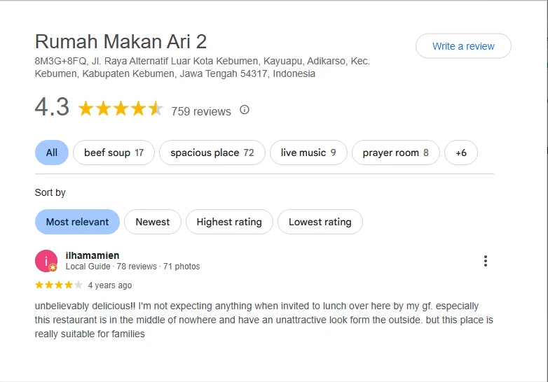 Screenshot review Google Rumah Makan Sop Arie 2